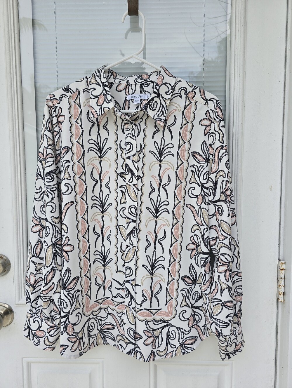 Chico's Cream Button-Down Shirt with Blush & Black Floral Stripe